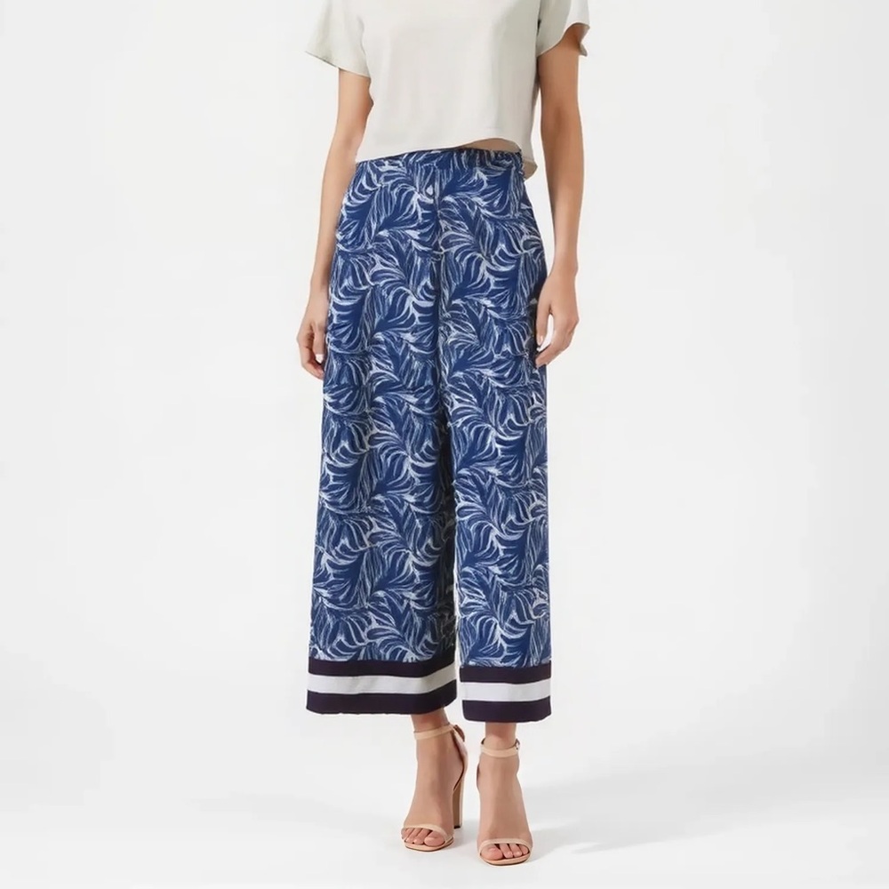 H&M Blue Tropical Print Wide Leg Cropped Pants Culottes Size 2 NWOT